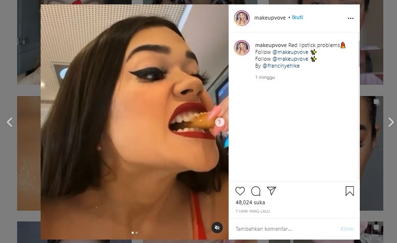 Ribetnya makan saat pakai lipstik merah. (Instagram/@makeupvove)