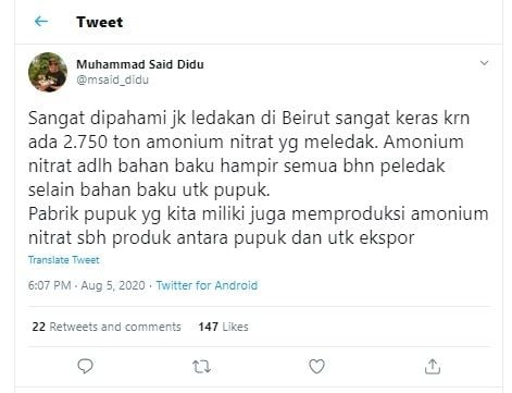 Cuitan Said Didu soal Amonium Nitrat jadi penyebab ledakan dahsyat di Lebanon (Twitter)