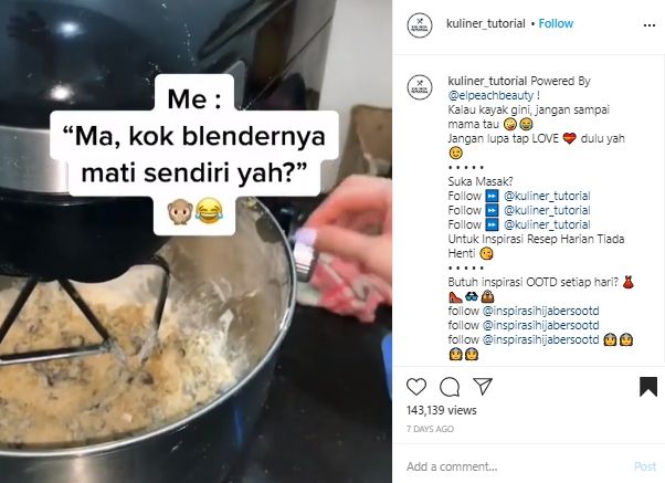 Niat Bantu Ibu di Dapur Tragisnya Wanita Ini Malah Tak Sengaja Rusak Mixer. (Instagram/@kuliner_tuto