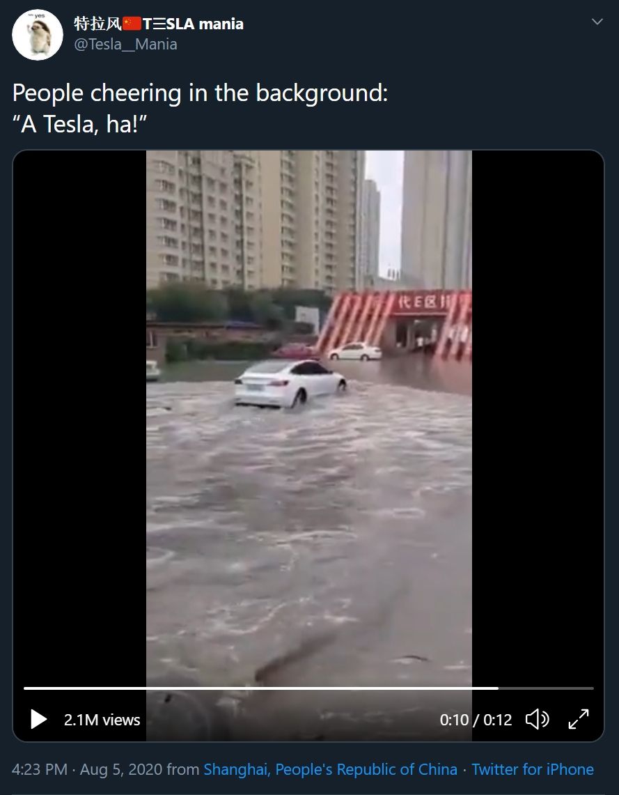 Mobil Tesla menerjang banjir. (Twitter)