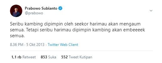 Cuitan lawas Prabowo soal harimau pimpin kambing viral lagi (Twitter/prabowo)