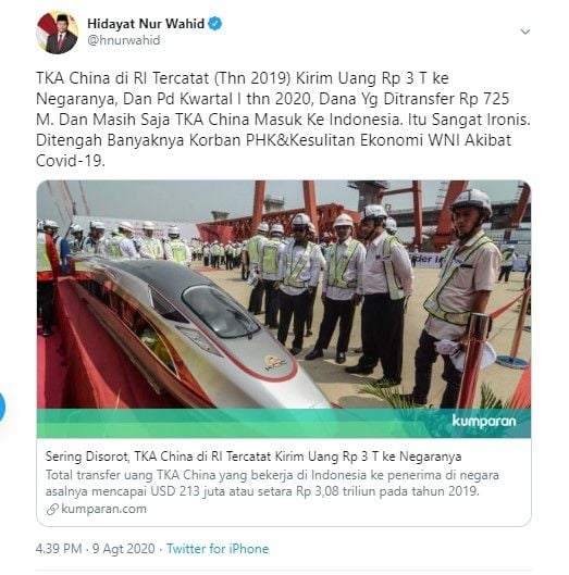 Komentar HNW para TKA China kirim triliunan ke negara asal (Twitter/hnurwahid)