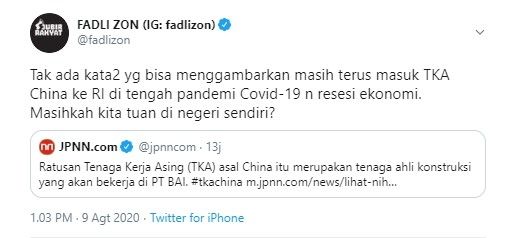 Komentar Fadli Zon soal TKA China masuk RI (Twitter/fadlizon)