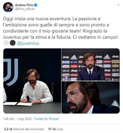 Andrea Pirlo salah mention Juventus. (Twitter/@juventus).