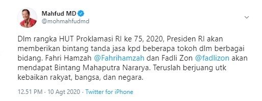 Fadli Zon dan Fahri Hamzah akan dapat bintang tanda jasa dari Jokowi (Twitter/mohmahfudmd)