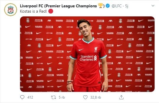 Kostas Tsimikas resmi gabung Liverpool. (Screenshot Twitter @LFC) 