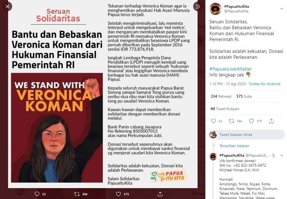 Warga Papua galang dana untuk Veronica Koman (Twitter/papuaitukita)