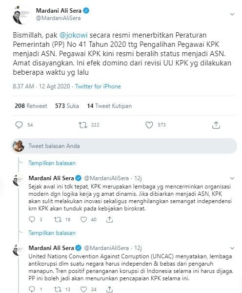 Mardani Ali Sera kritik kebijakan pegawai KPK jadi ASN (Twitter/mardanialisera)