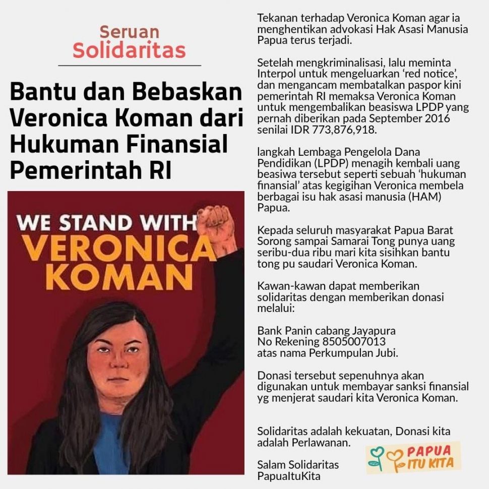 Pamplet penggalangan dana untuk Veronica Koman mengembalikan dana beasiswa LPDP sebesar Rp 773 juta. (istimewa).