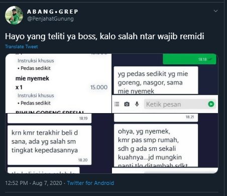 Pesan Makanan Lewat Aplikasi Ojol, Rewelnya Pelanggan Ini Bikin Geregetan. (Twitter/@penjahatgunung)