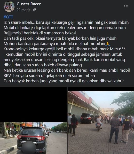 Viral penggelapan mobil dengan modus jaminan leasing. (Facebook/Guser Racer)