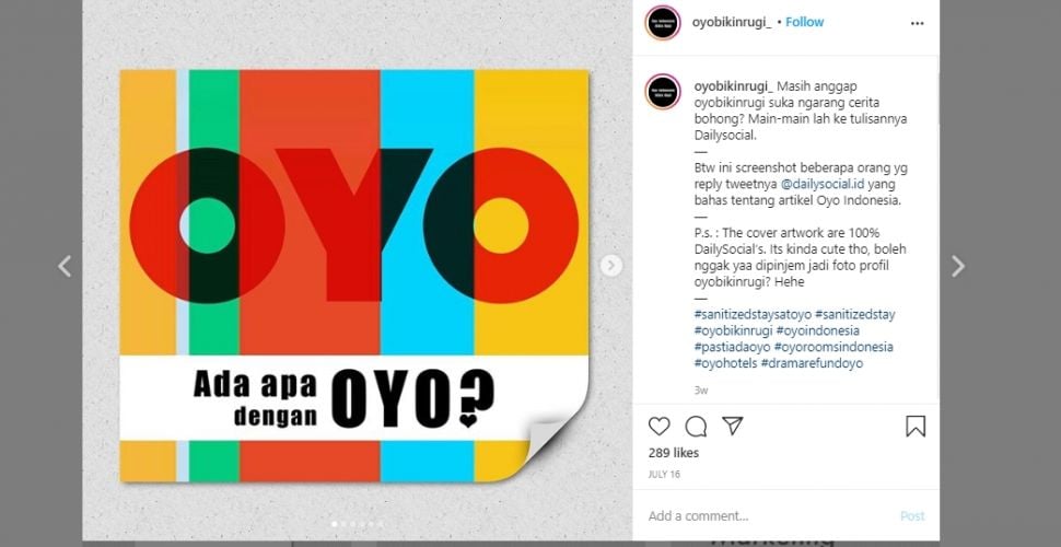 Keluhan pelanggan Oyo di Instagram. (Instagram/@oyobikinrugi_)