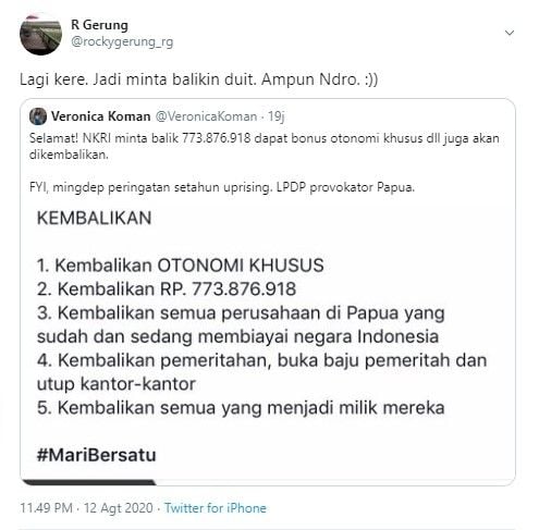 Komentar Rocky Gerung soal Veronica Koman diminta kembalikan beasiswa (Twitter)