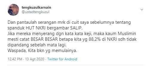 Tengku Zul yakin logo HUT RI ke-75 mirip salib (Twitter/ustadtengkuzul)