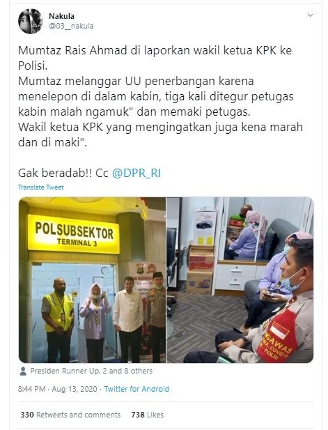 Wakil Ketua KPK Nawawi Pomolango melaporkan anggota DPR RI, Ahmad Mumtaz Rais (Twitter)