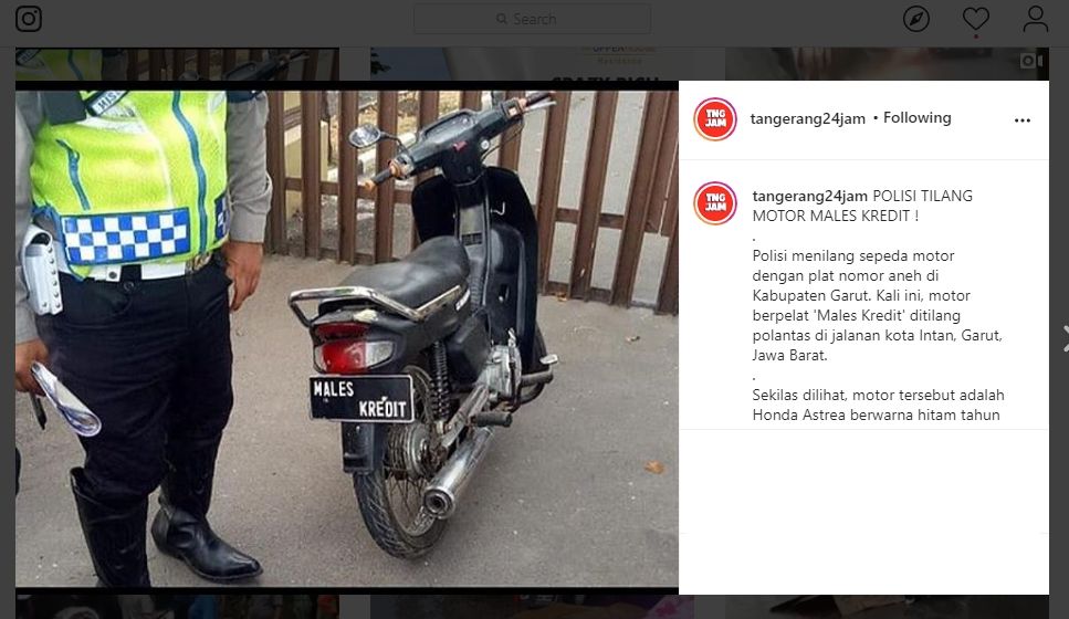 Kelewat Kreatif Pakai Pelat Motor 'Males Kredit', Pengendara Ini Ditilang. (instagram.com/tangerang24jam)