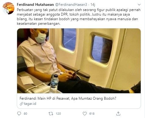 Ferdinand PD kritik Mumtaz Rais main HP di dalam pesawat (Twitter/ferdinandhaean3)