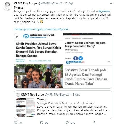 Komentar Roy Suryo soal ekonomi ibarat komputer hang (Twitter/krmtroysuryo2)