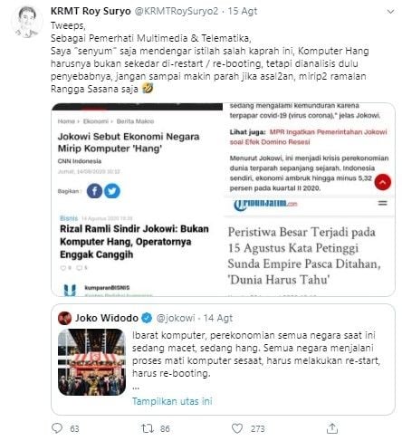 Komentar Roy Suryo soal ekonomi ibarat komputer hang (Twitter/krmtroysuryo2)