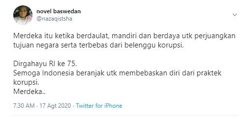 Novel Baswedan punya doa khusus di HUT RI ke-75 (Twitter/nazaqistsha)