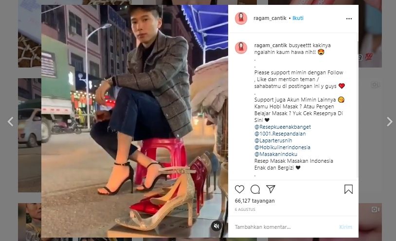 Seorang pria pamer mengenakan sepatu hak tinggi. (Instagram/@ragam_cantik)