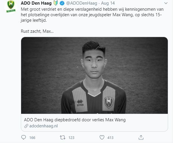 ADO Den Haag turut berbelangsungkawa atas meninggalnya Kairan Max Wang.