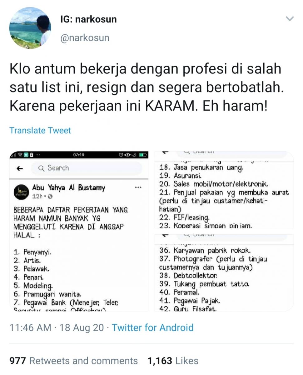 Viral Daftar Pekerjaaan Haram, tangkapan layar akun twitter @narkosun