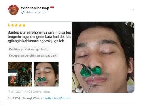 Testimoni earphone multifungsi bikin warganet ngakak (Twitter/txtdarionlshop)