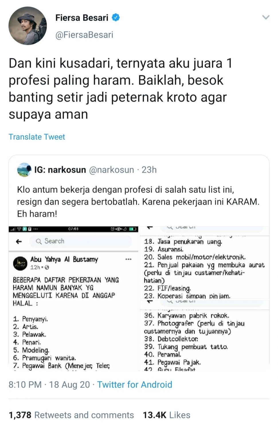 Fiersa Besari mengunggah konten twitter, respon atas viralnya konten Daftar Pekerjaan Haram. (Tangkapan layar akun twitter @FiersaBesari).