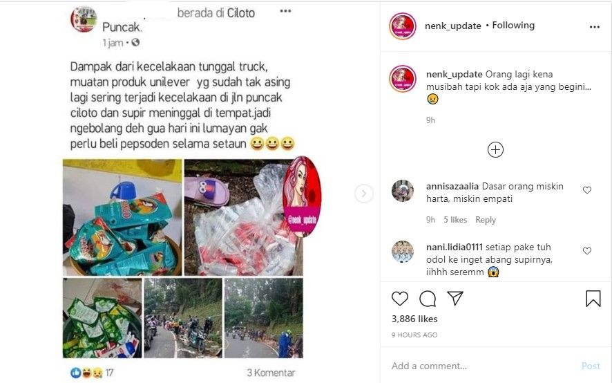 warga pamer barang jarahan truk yang kecelakaan (IG/nenk_update)