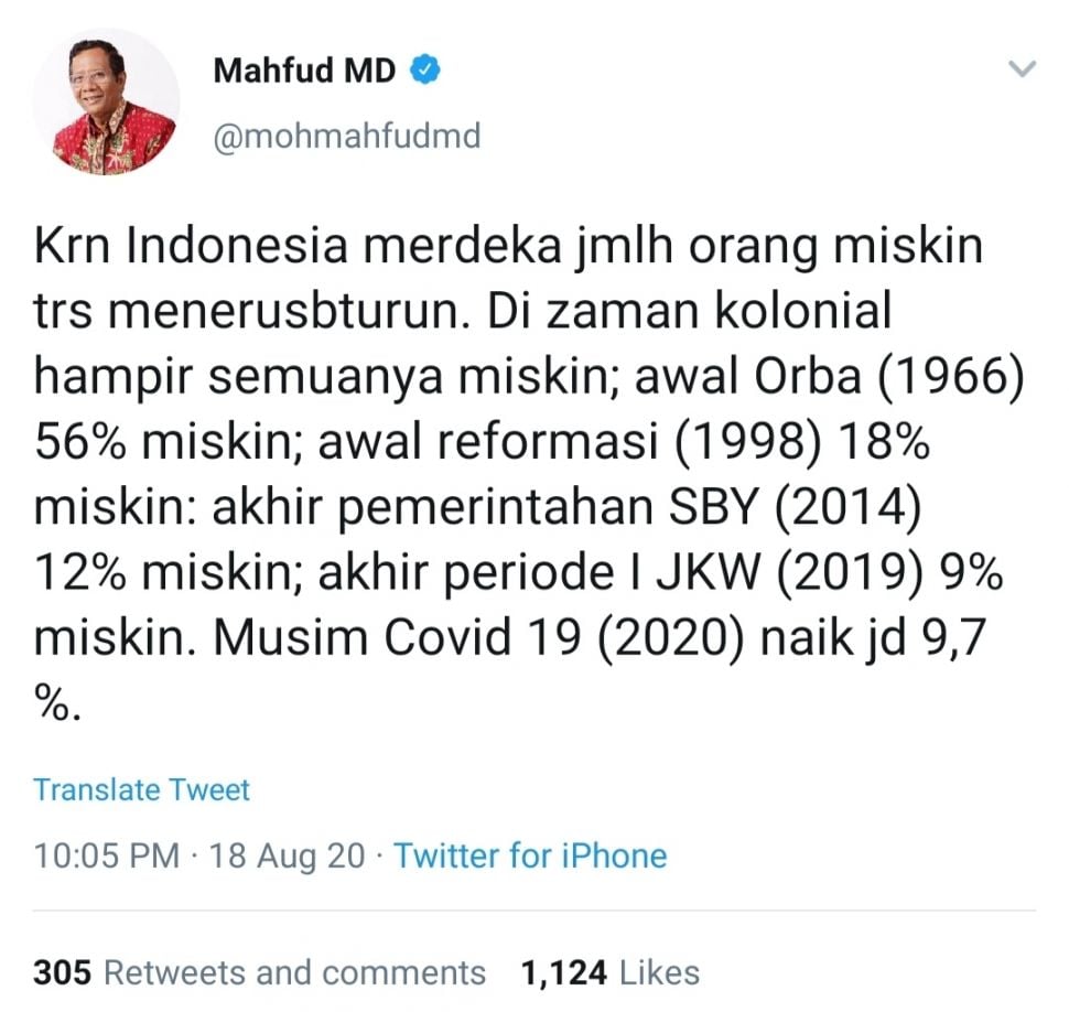 Unggahan Mahfud MD membicarakan tentang kemiskinan di Indonesia yang menuai banyak sorotan dari Warganet. Sejumlah warganet menyoroti ketidaksesuaian data yang ditampilkan oleh Mahfud MD.