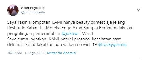 Arief Poyuono sindir KAMI cuma ajang 'beauty contest' jelang reshuffle kabinet (Twitter/bumnbersatu)