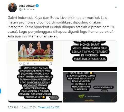 Joko Anwar sentil Kemenparekraf (Twitter/jokoanwar)