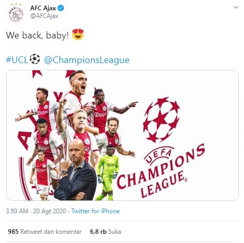 Ajax pastikan tiket ke fase grup Liga Champions. (Twitter/@AFCajax).