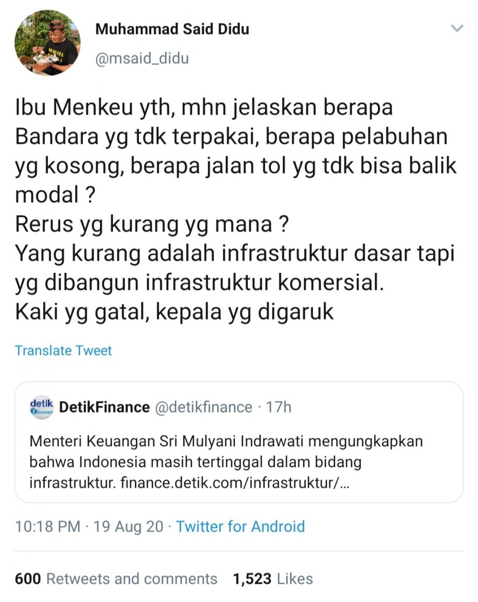 Komentar Said Didu soal pembangunan infrastruktur. (Tangkapan layar unggahan akun twitter @msaid_didu),