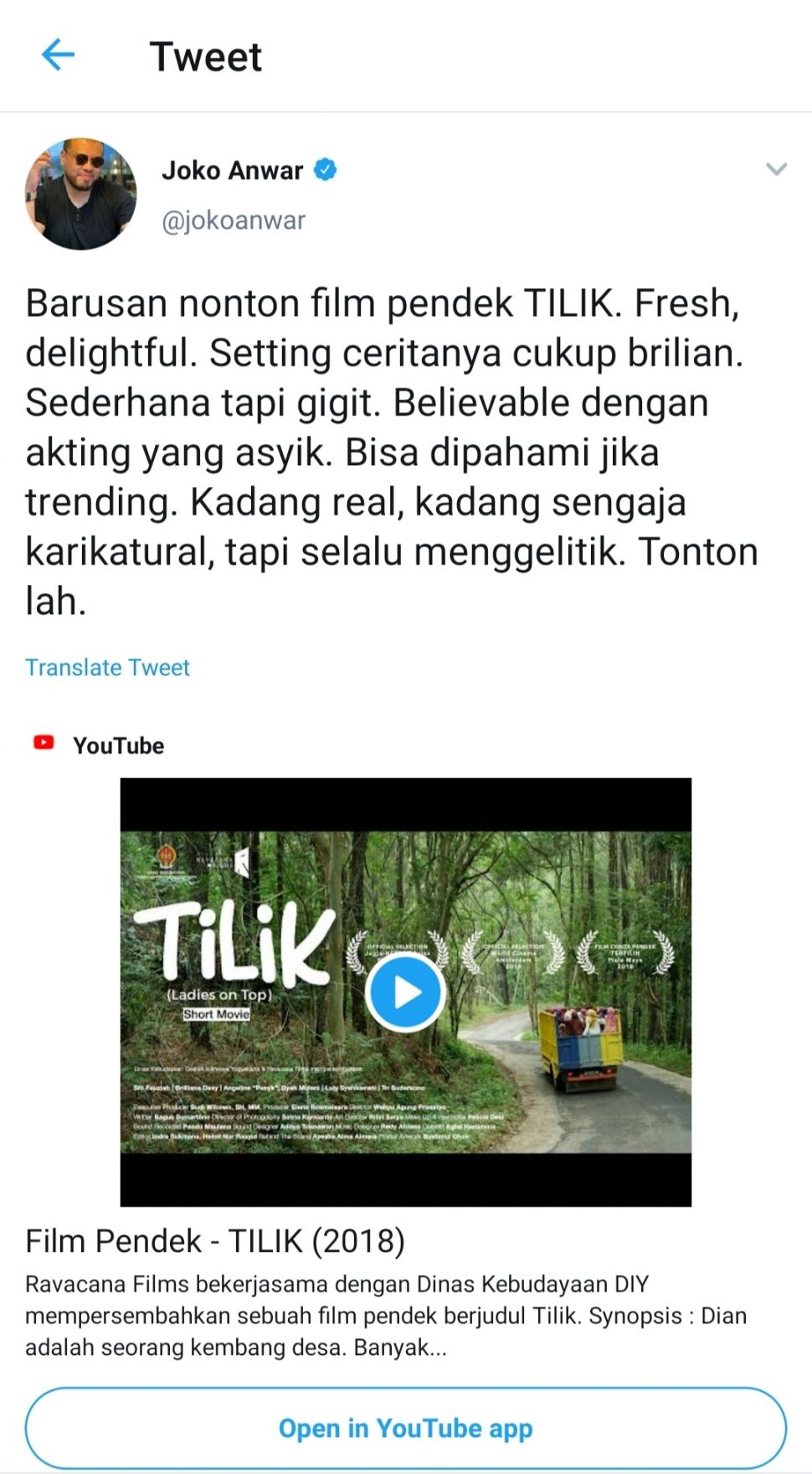 Joko Anwar Komentari Film "Tilik" (Tangkapan layar langsung dari akun @jokoanwar).