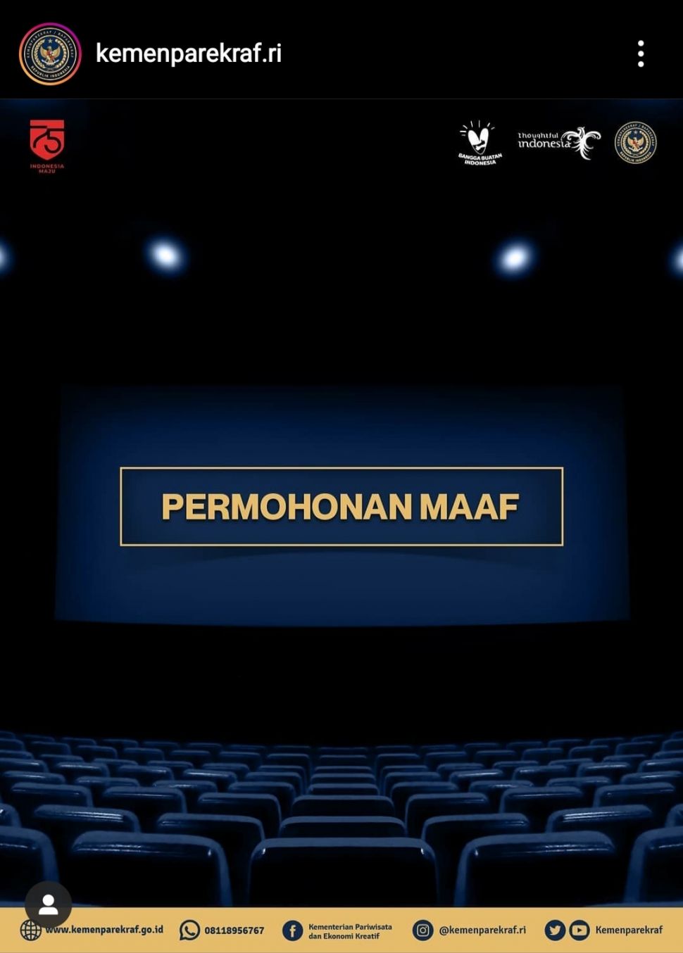 Permohonan maaf Kemenparekraf yang diunggah di akun Instagramnya (Tangkapan layar dari langsung @kemenparekraf).