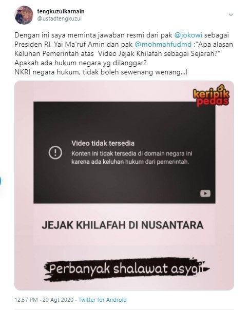 Tengku ul geram film Jejak Khilafah di Nusantara diblokir (Twitter/ustadtengkuzul)