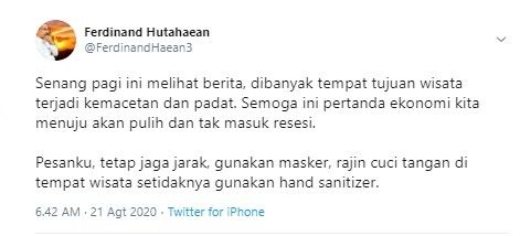 Komentar Ferdinand Hutahaean soal tempat wisata mulai padat (Twitter/ferdinandhaean3)