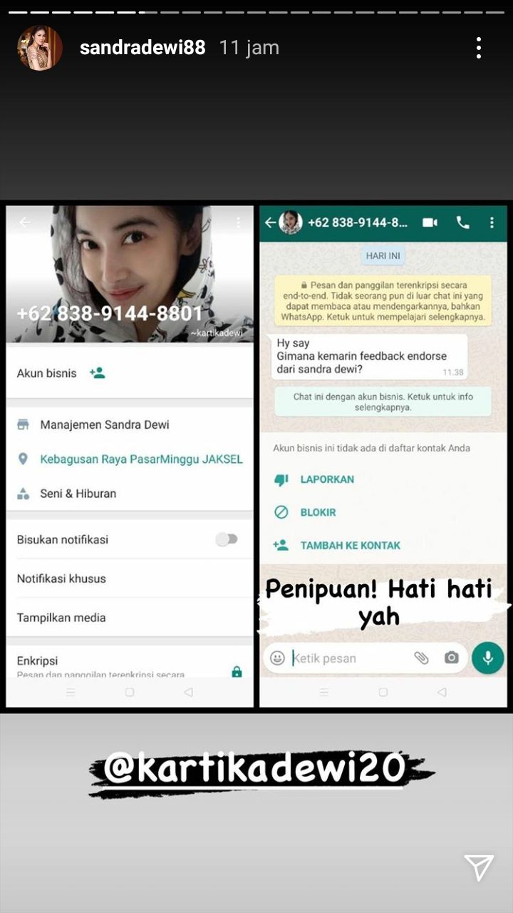 Sandra Dewi ungkap penipuan endorsement yang mencatut namanya. [Instagram]