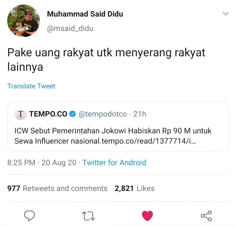 Komentar M. Said Didu tentang mahalnya harga influencer. (Twitter @msaid_didu)