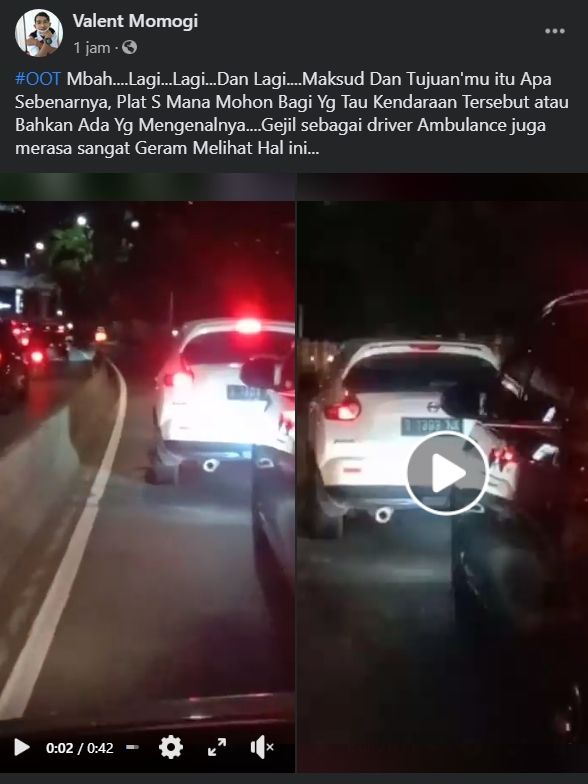 Pengendara Nissan Juke yang menghalangi ambulans. (Facebook/Valent Momogi)