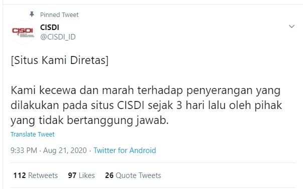 Situs CISDI diretas. (Dok: Twitter/CISDI_ID)