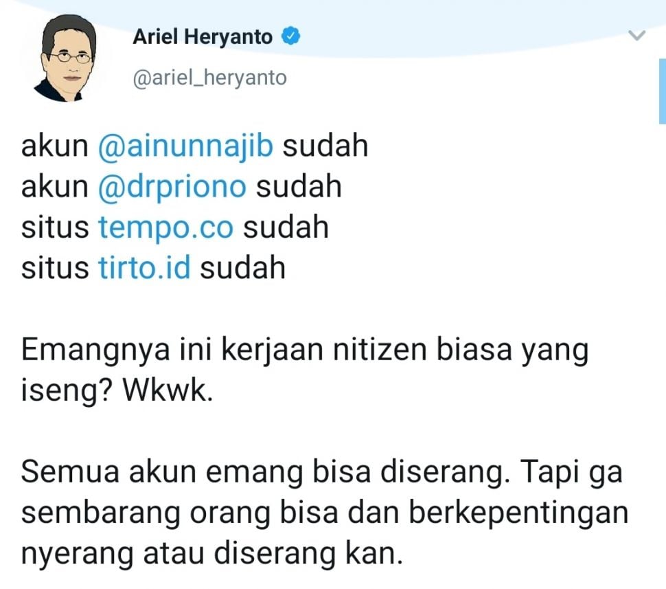 Komentar Ariel Heryanto Soal Peretasan (Twitter @ariel_heryanto)