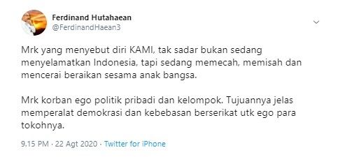 Ferdinand Hutahaean kritik KAMI sedang memecag belah bangsa (Twitter/ferdinandhaean3)