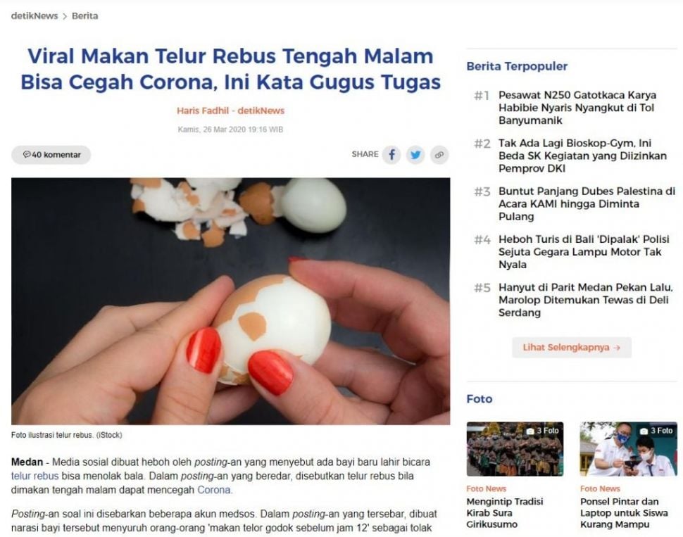 Fakta makan telur rebus tengah malam bisa cegah Covid-19 (Turnbackhoax.id)