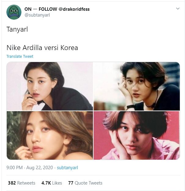Jihyo TWICE disebut bagaikan Nike Ardilla versi Korea. (Twitter/@subtanyarl)