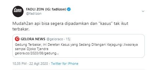 Komentar Fadli Zon soal kebakaran di gedung Kejagung (Twitter/fadlizon)