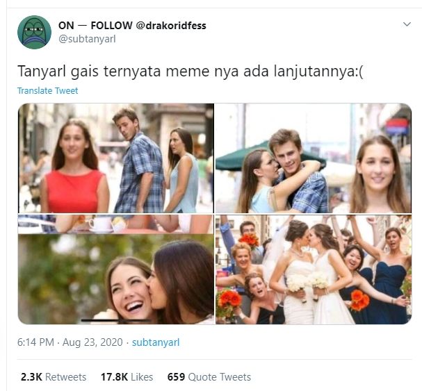 Meme selingkuh legendaris ini ternyata punya akhir kisah tak terduga. (Twitter/@subtanyarl)