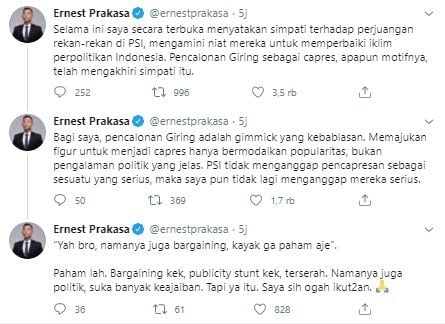 Komentar Ernest Prakasa soal Giring nyalon capres 2024 (Twitter/ernestprakasa)